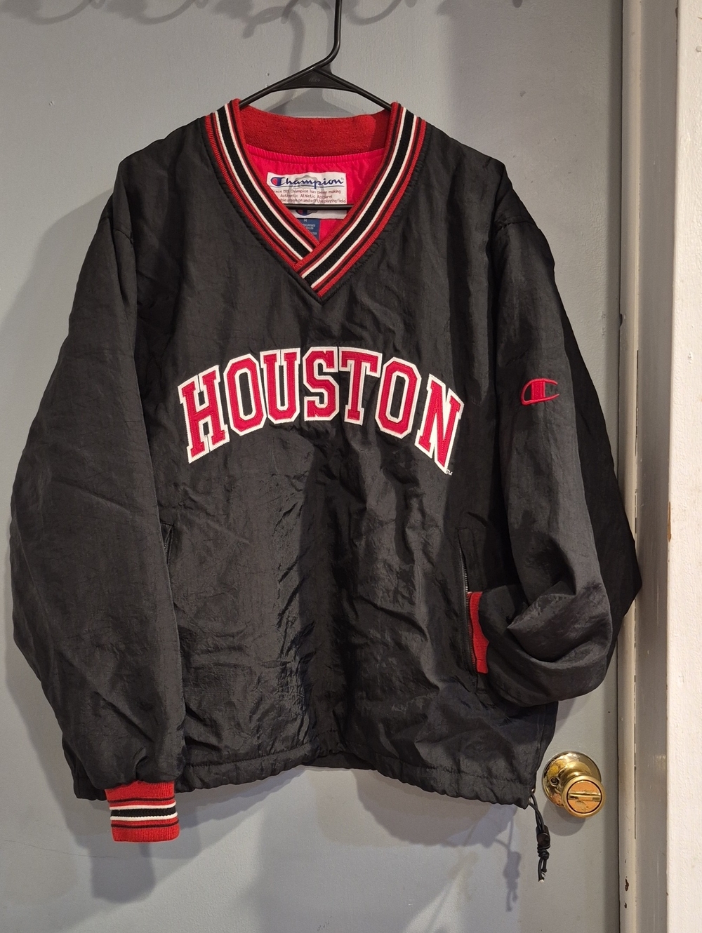 Vintage Champion Black and Red Houston Pullover Jacket